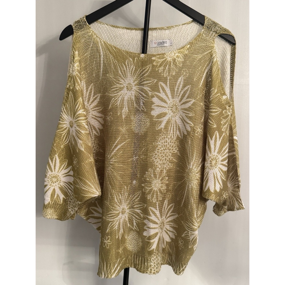 Luisa Ricci Italian Knit Top Floral Mesh Gold Batwing Blouse‎ Women's L